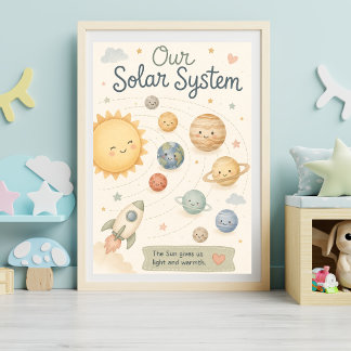 Söt solsystemet för barnkammare Vattenfärg Planete Poster