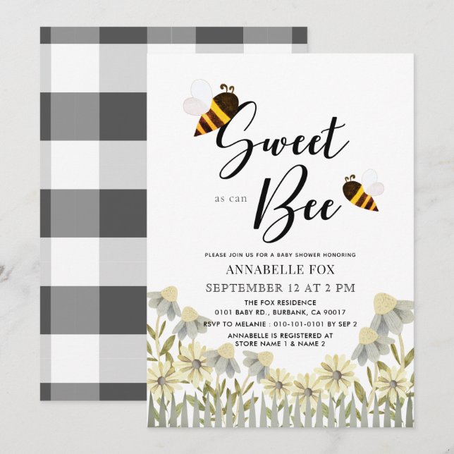 Söt som Bee Baby Shower Inbjudningar (Fram/baksida)