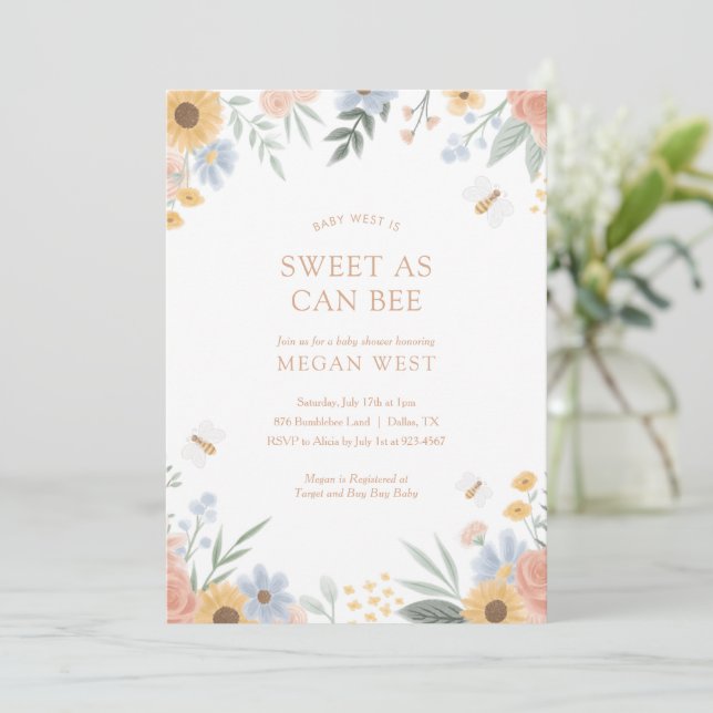 Söt som Bee Blommigt Bee Baby Shower-inbjudan Inbjudningar (Stående Fram)
