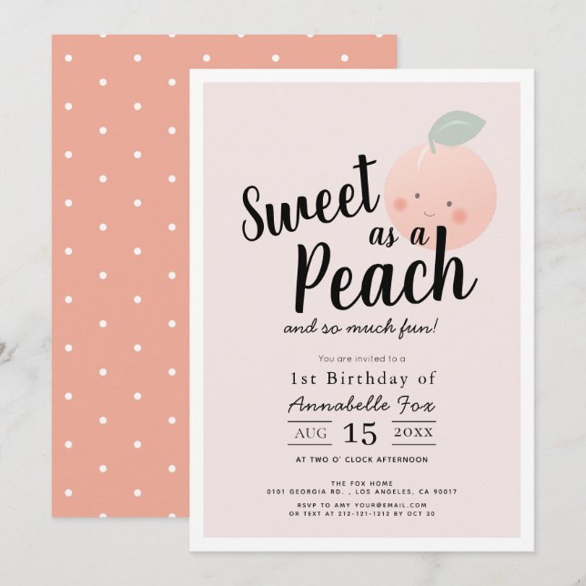 Söt som en Peach Cute Kawaii Girl Första födelseda Inbjudningar (Fram/baksida)