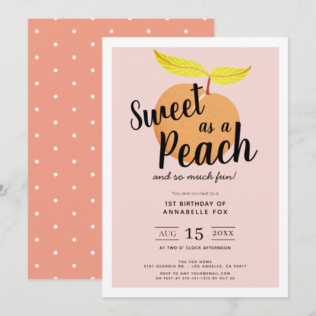 Söt som en Peach Cute Retro Girl Första födelsedag Inbjudningar (Fram/baksida)