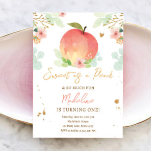 Söt som en Peach Girl Peacher 1st First Birthday I Inbjudningar