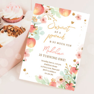 Söt som en Peach Girl Peacher 1st First Birthday I Inbjudningar