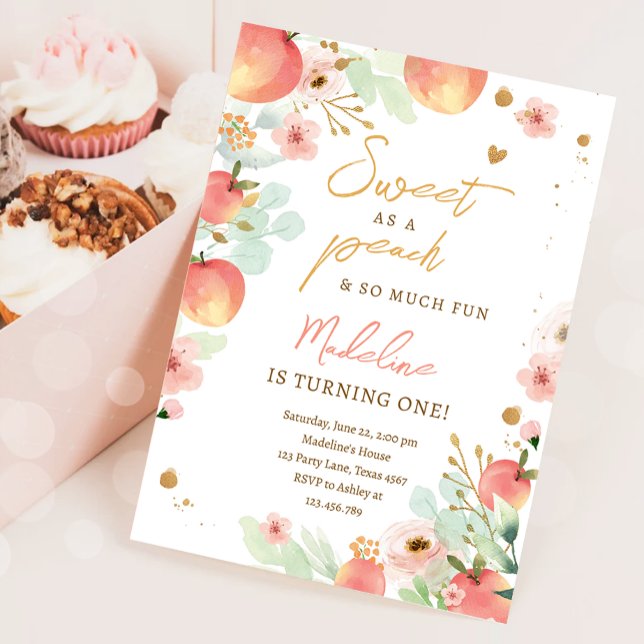 Söt som en Peach Girl Peacher 1st First Birthday I Inbjudningar (Skapare uppladdad)