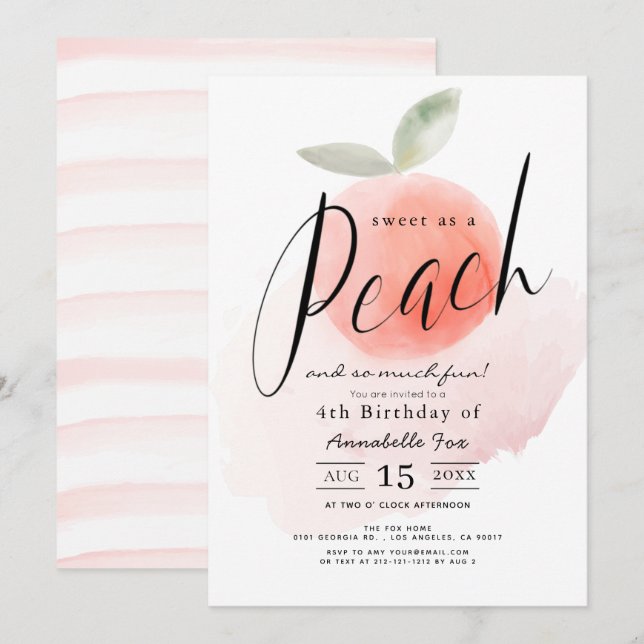 Söt som en Peach Watercolor Birthday-inbjudan Inbjudningar (Fram/baksida)