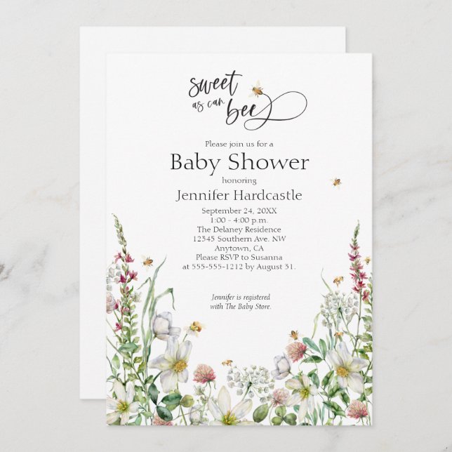 Söt som kan vara Blommigt för vildblommor, babysko Inbjudningar (Fram/baksida)