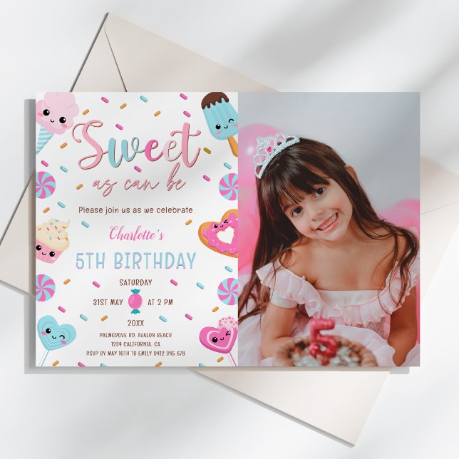 Söt som kan vara Candy Cuppie Donut PhotoBirthday Inbjudningar (Sweet as Can Be Candy Sweets Donut Ice Cream Cupcake Photo Birthday Invitation)