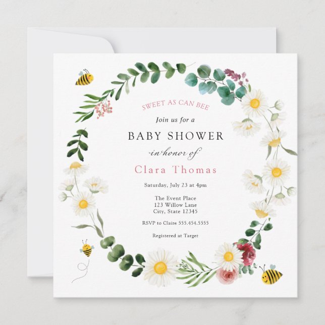 Söt som kan vara Rosa blomma och Daisy babyskor Inbjudningar (Framsida)