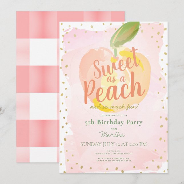 Söt som Peach Rosa Girl Birthday Inbjudningar (Fram/baksida)