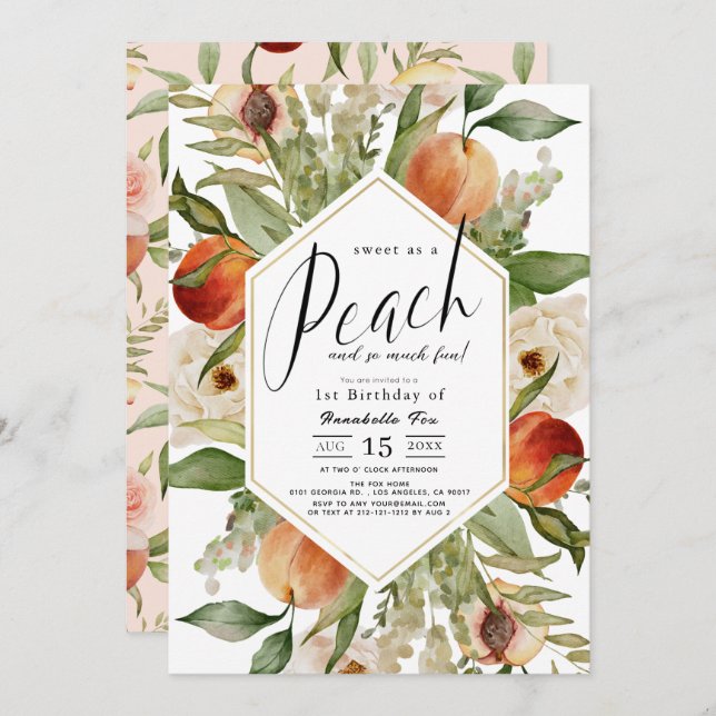 Söt som persikofärgad Blommigt Vattenfärg 1:a föde Inbjudningar (Fram/baksida)