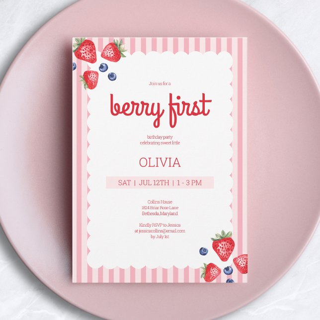 Söt sommar frukt bär Första 1:a födelsedagsfest Inbjudningar (Cute Summer Fruit Berry First 1st Birthday Party Invitation)
