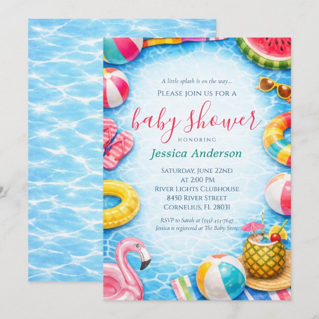 Söt sommar poolparty baby shower inbjudningar (Fram/baksida)