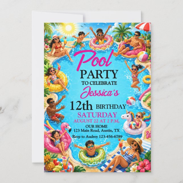 Söt sommar poolparty födelsedagsfest inbjudningar (Framsida)
