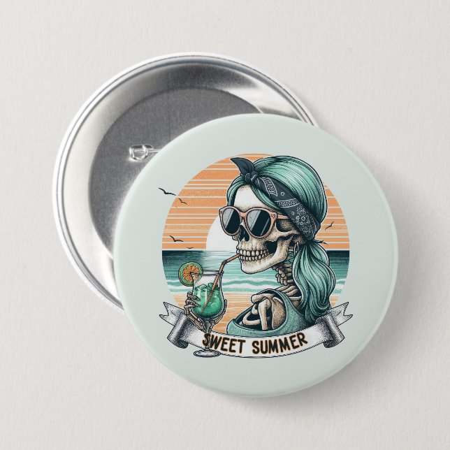 Söt sommar Skeleton Retro Sunset Design Knapp (Framsida & baksida)