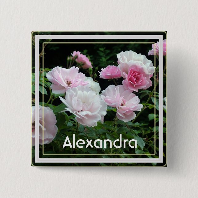 Söt sommarblommor i rosa ros, namn-stift knapp (Framsida)