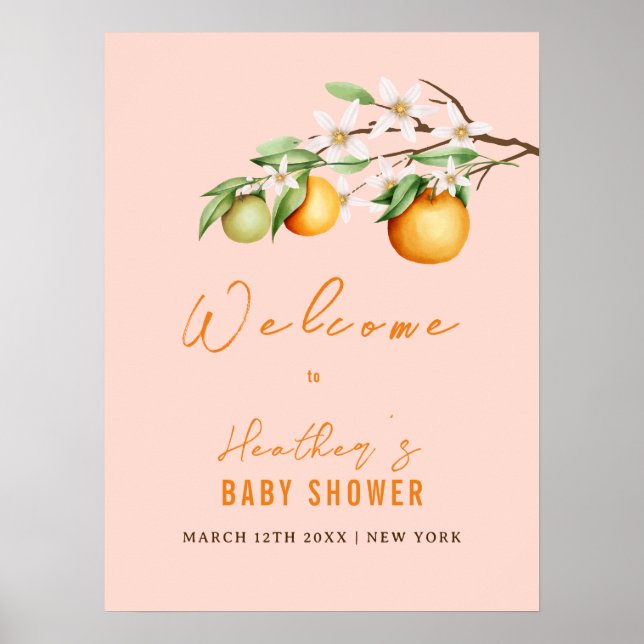 Söt sommarcitrus Orange Baby Shower Välkommen Poster (Framsidan)