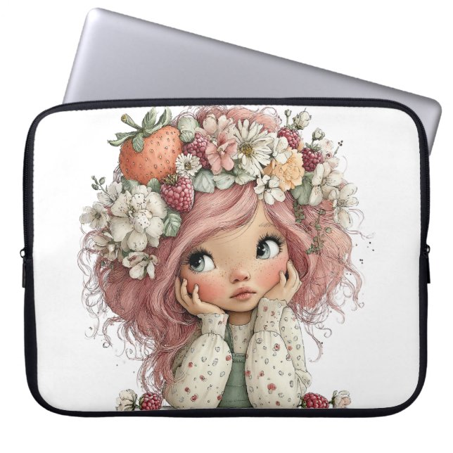 SÖT SOMMARFlicka MED BLOMMOR OCH FRUKTER Laptop Fodral (Framsidan)