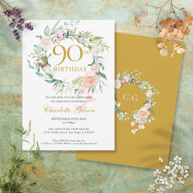 Söt sommarrosgarland Monogram 90-årsdag Inbjudningar (Sweet Summer Roses Garland Monogram 90th Birthday Invitation)