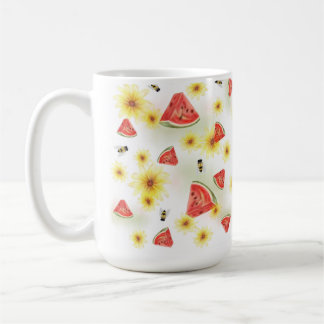 Söt sommarstämning - vattenmelon, solrosor och bin kaffemugg