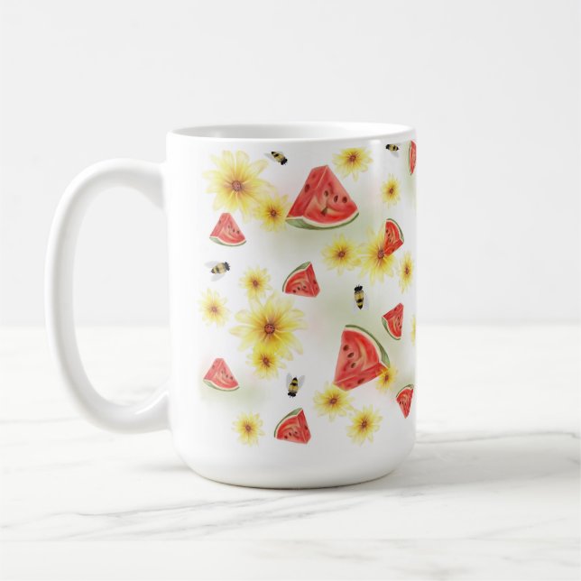 Söt sommarstämning - vattenmelon, solrosor och bin kaffemugg (Vänster)