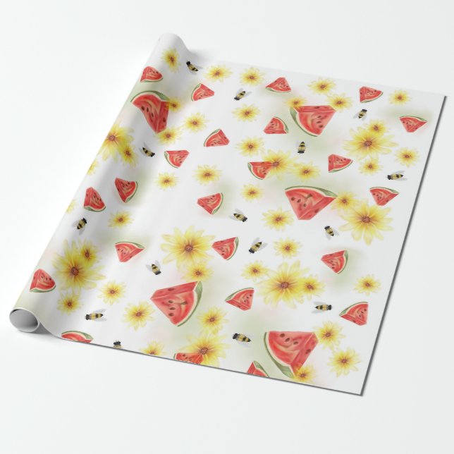 Söt sommarstämning: vattenmelon, solrosor och bin presentpapper (Utrullad)