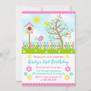 Söt sommarträdgård och fåglar födelsedag inbjudningar