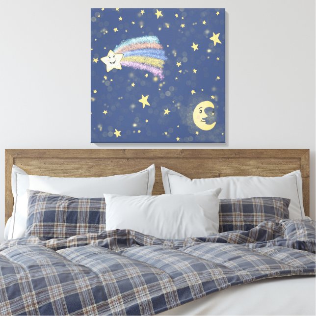 Söt sömn Måne & stjärnor Illustration Denim Blue Canvastryck (Insitu (sovrum))