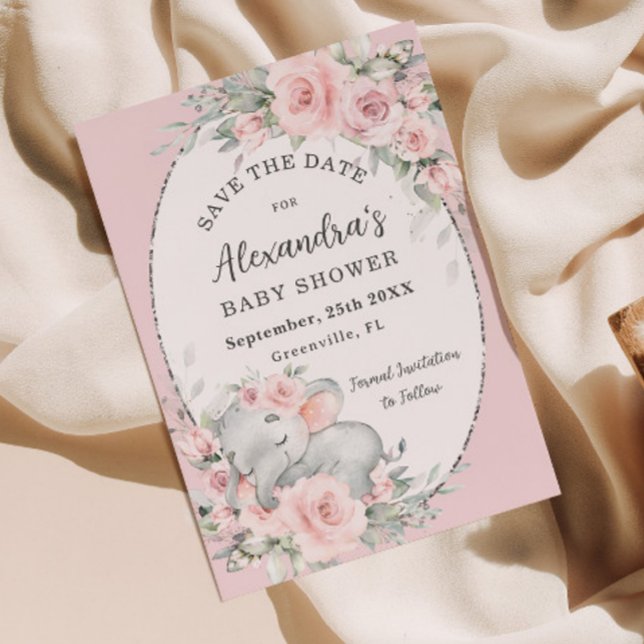 Söt sömnad Elephant Rosa Blommigt Baby Shower Spara Datumet (Skapare uppladdad)