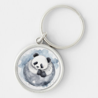 Söt Sömnig Akvarell Panda Rund Silverfärgad Nyckelring