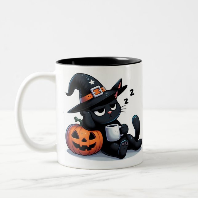 Söt sömnig häxkat & pumpa Halloween  Två-Tonad Mugg (Vänster)