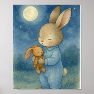Söt sömnig kanin & Teddy Månljust akvarell Poster