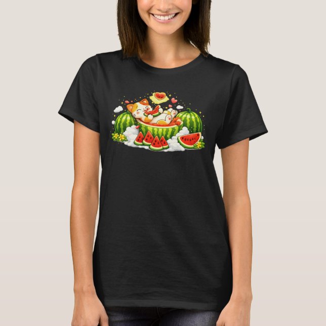 Söt sömnig katt i vattenmelon  t shirt (Framsida)