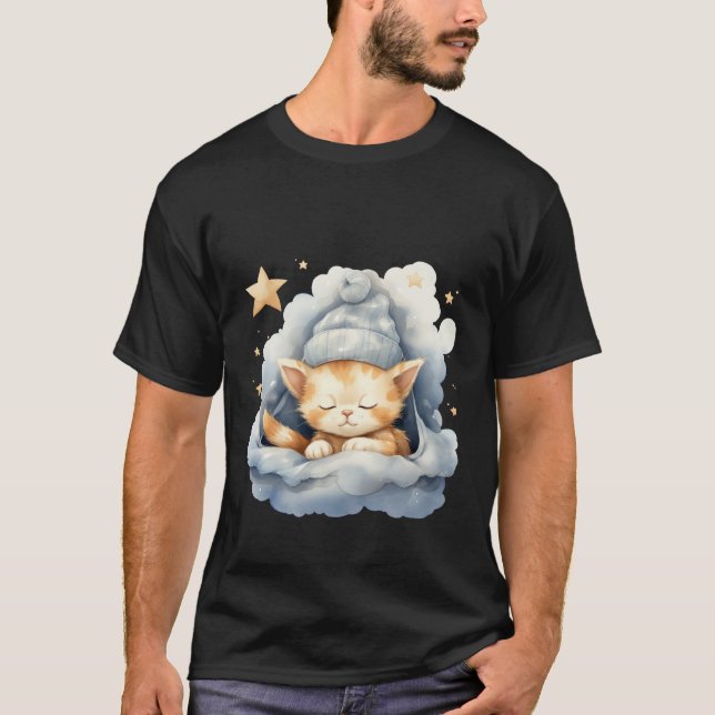 Söt Sömnig Katt Moln Vinter Hatt Drömmig Konst ✨🐾 T Shirt (Framsida)