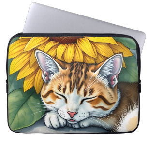 Söt Sömnig Katt och Solrosor Laptop Fodral