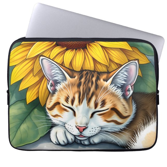 Söt Sömnig Katt och Solrosor Laptop Fodral (Framsidan)