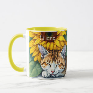Söt Sömnig Katt och Solrosor Personlig Mugg