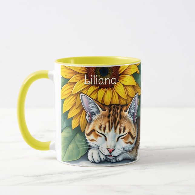 Söt Sömnig Katt och Solrosor Personlig Mugg (Vänster)