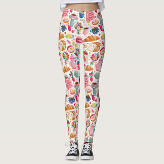 Söt söndagsfrukostmönster | Kaffe Croissant F Leggings