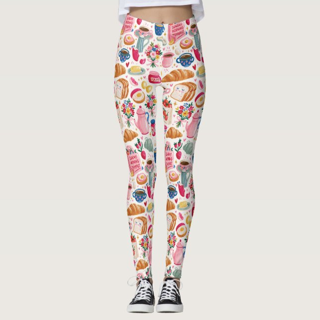 Söt söndagsfrukostmönster | Kaffe Croissant F Leggings (Framsida)