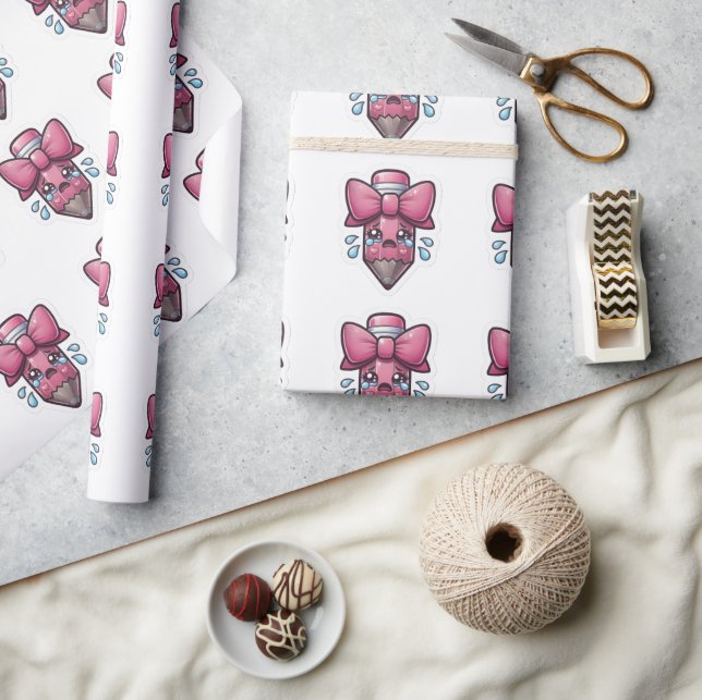 Söt sorglig penna med rosa rosett utskuren dekal - presentpapper (Hantverk)