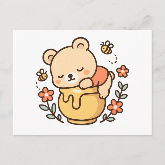 Söt sovande björn honungspot Kawaii-design Helg Vykort (Framsida)