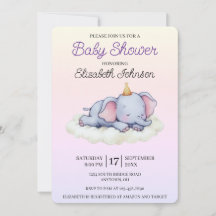 Söt sovande elefantbaby inbjudan till baby shower