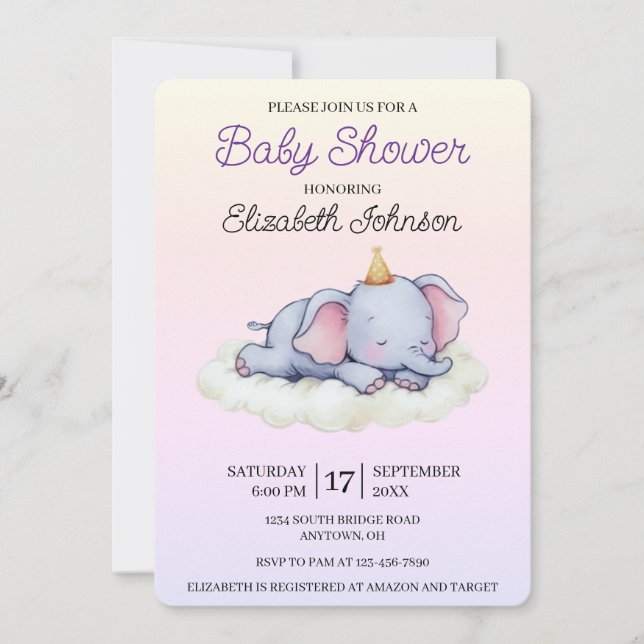 Söt sovande elefantbaby inbjudan till baby shower (Framsida)