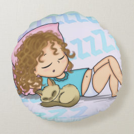 Söt sovande flicka med kattunge rund kudde