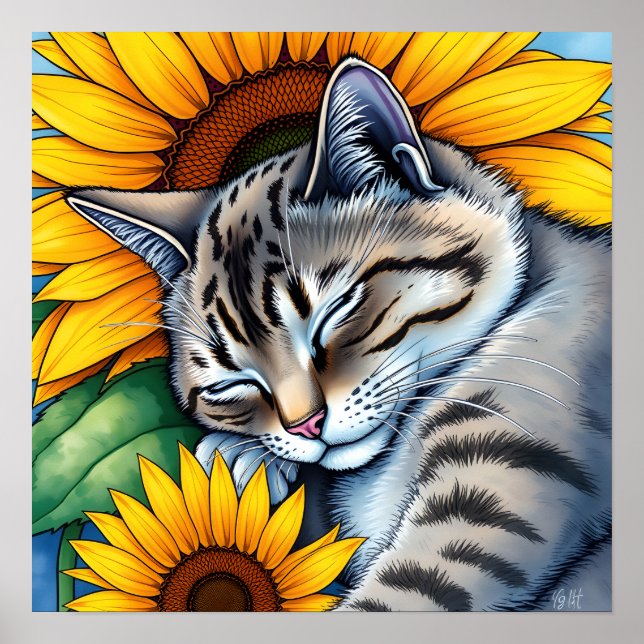 Söt sovande grå katt och solrosor poster (Framsidan)