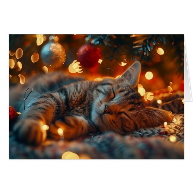 Söt sovande katt julkort för högtider hälsningskort (Framsidan Horizontal)