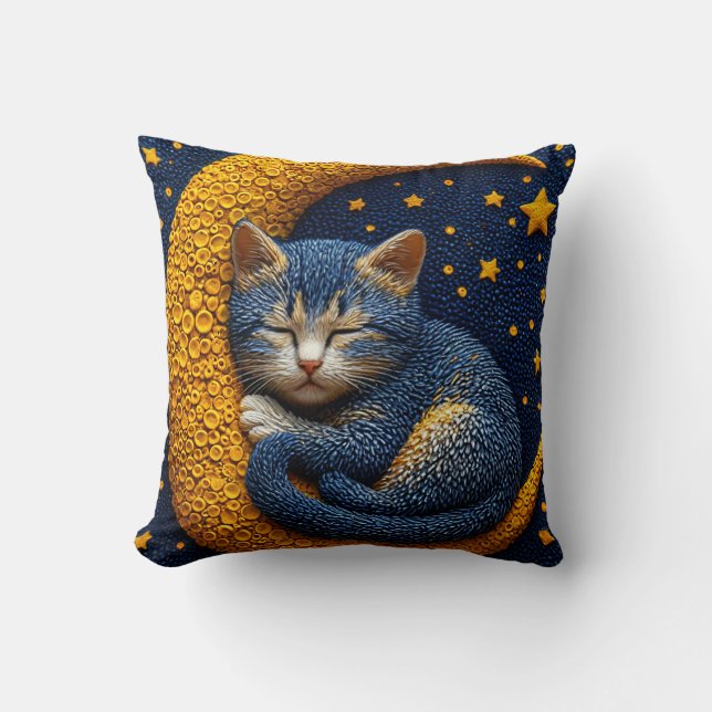 🌙 Söt sovande katt måne dekoration för katt älska Kudde (Framsida)