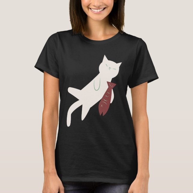 Söt sovande katt och fisk t shirt (Framsida)