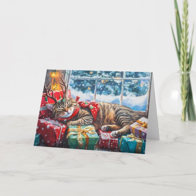 Söt sovande katt på julpaket helgkort (Framsida)