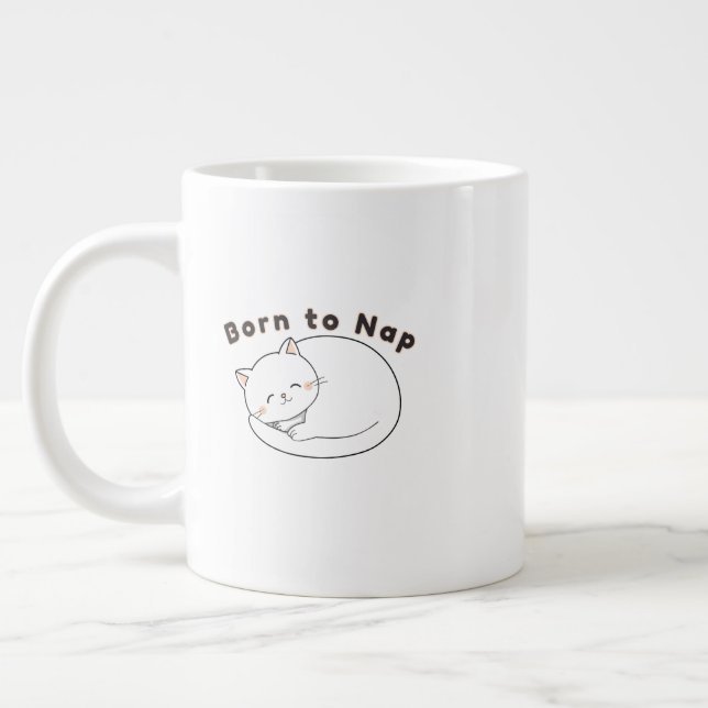 Söt Sövande Katt “Sov Först” Linje Konst Design Jumbo Mugg (Vänster)